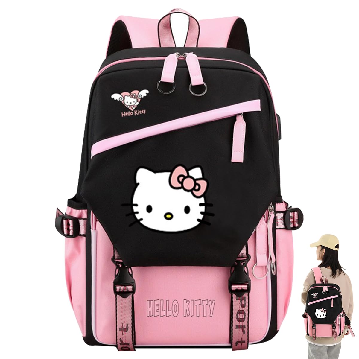 PALAY Hello Kitty Teen Girls Laptop Backpack, Travel School Bag with USB Charging Port and Headphone Jack, Girls Large Backpack 14 Inches Laptop Bag Cartoon Backpack School Gift for Kids (Pink) PALAY Hello Kitty Teen Girls Laptop Backpack, Travel School Bag with USB Charging Port and Headphone Jack, Girls Large Backpack 14 Inches Laptop Bag Cartoon Backpack School Gift for Kids (Pink)